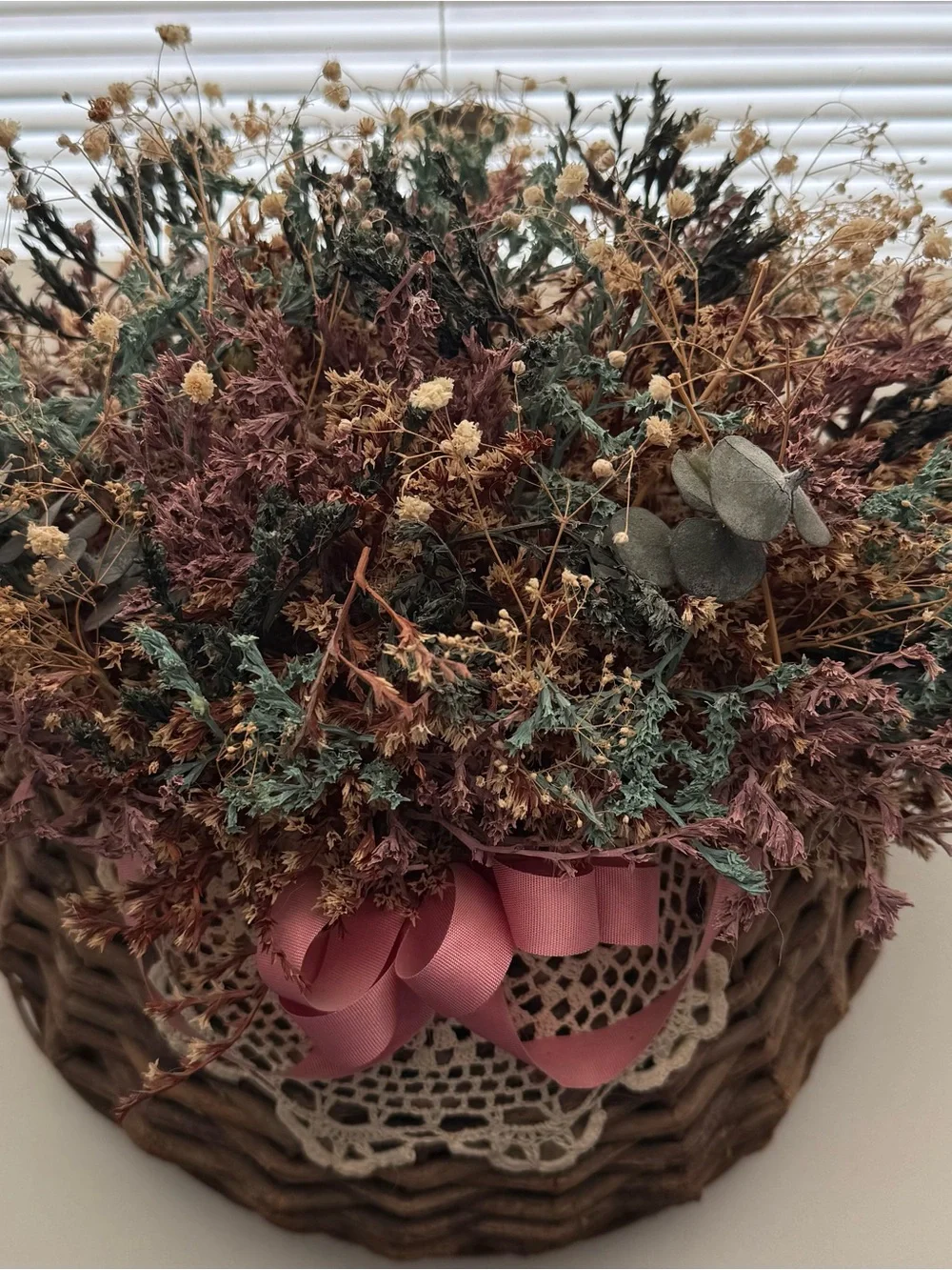 Source Unknown Dried Wildflower Basket with Pink Ribbon Accent